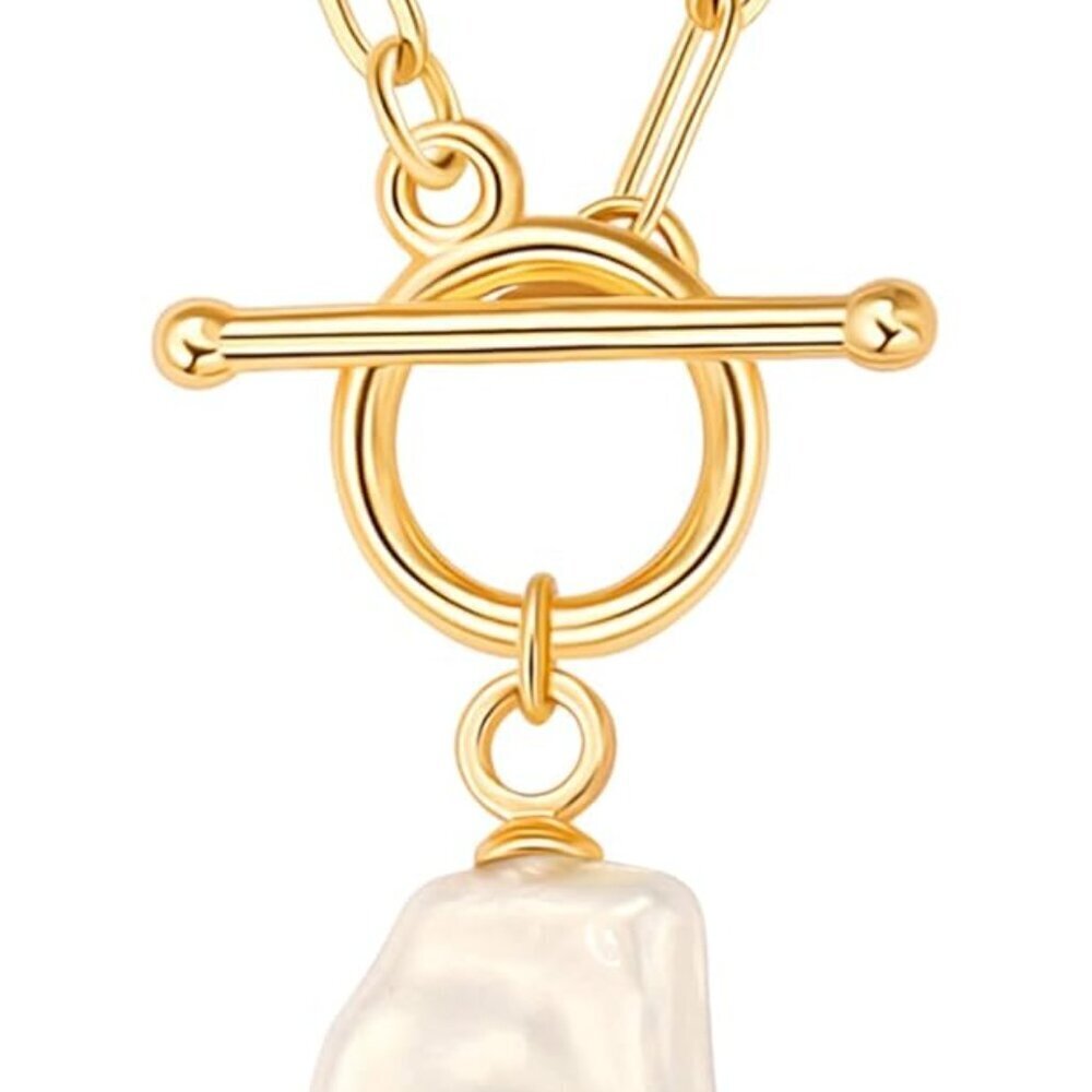 Elegant 18K Gold Plated Pearl Chain Necklace with Shell Pendant and Toggle Closu